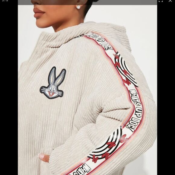 Looney Toons Members Only Bugs Bunny Corduroy Puffer Jacket in Taupe - Large - Picture 9 of 10